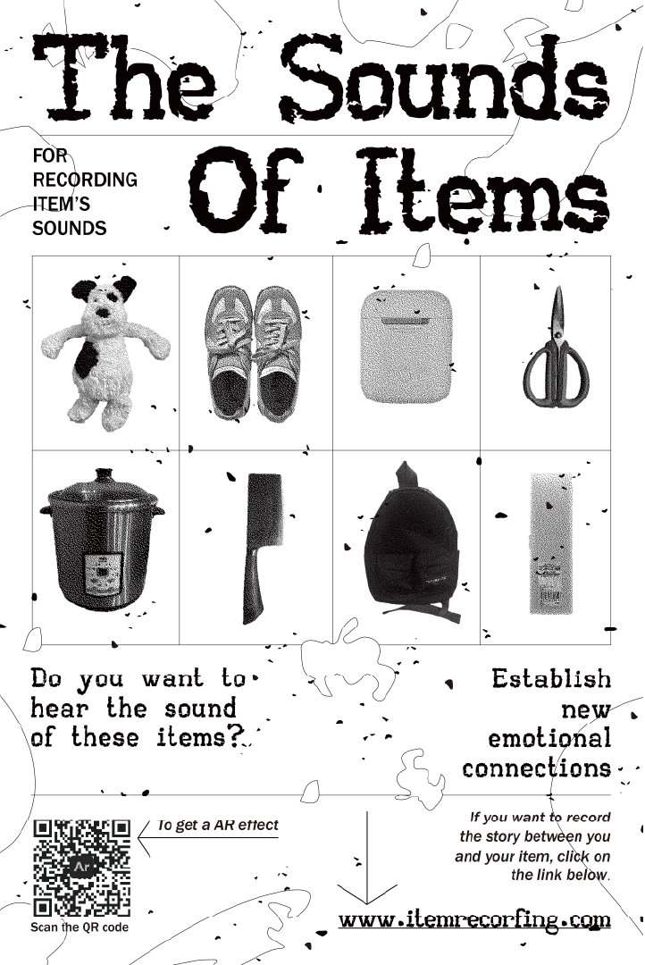 The Sounds of Items — AR poster with eight recorded objects, QR code, and project link