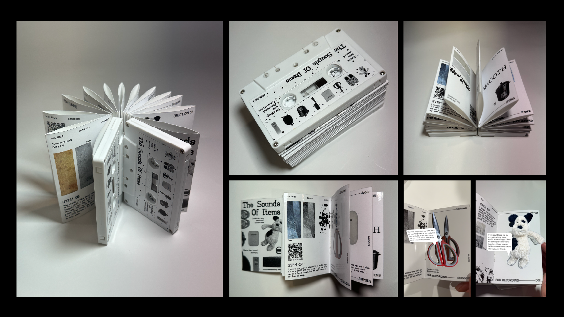 Accordion-bound book housed inside two cassette-shaped covers, plus close-ups of pop-out item notes