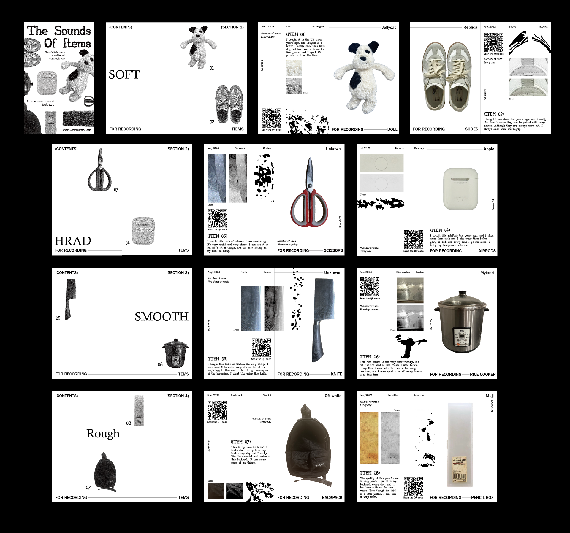 Accordion book spread showing sections, item pages, and traces for each object