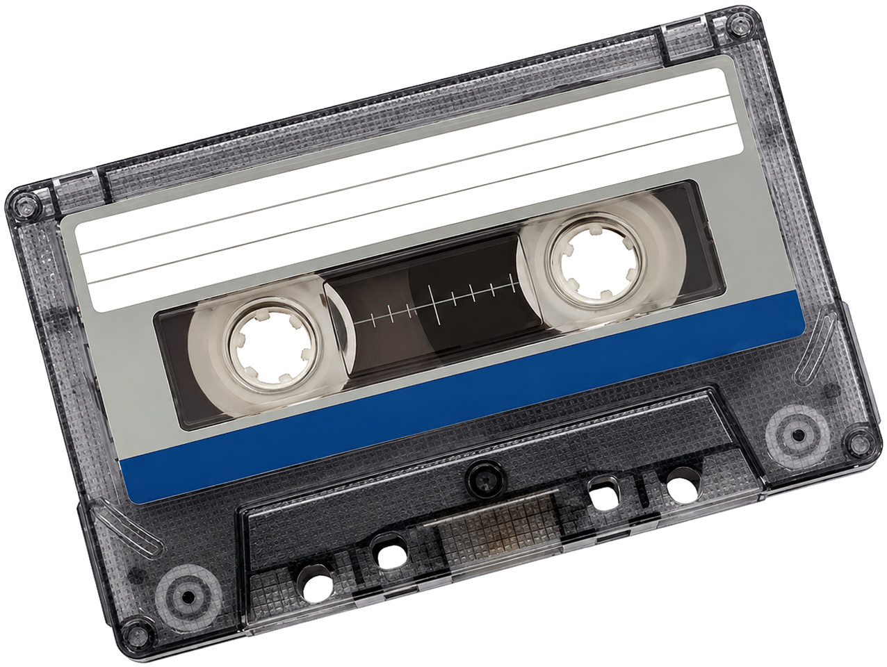 Cassette with tape window, animated keyword text flowing along the tape path