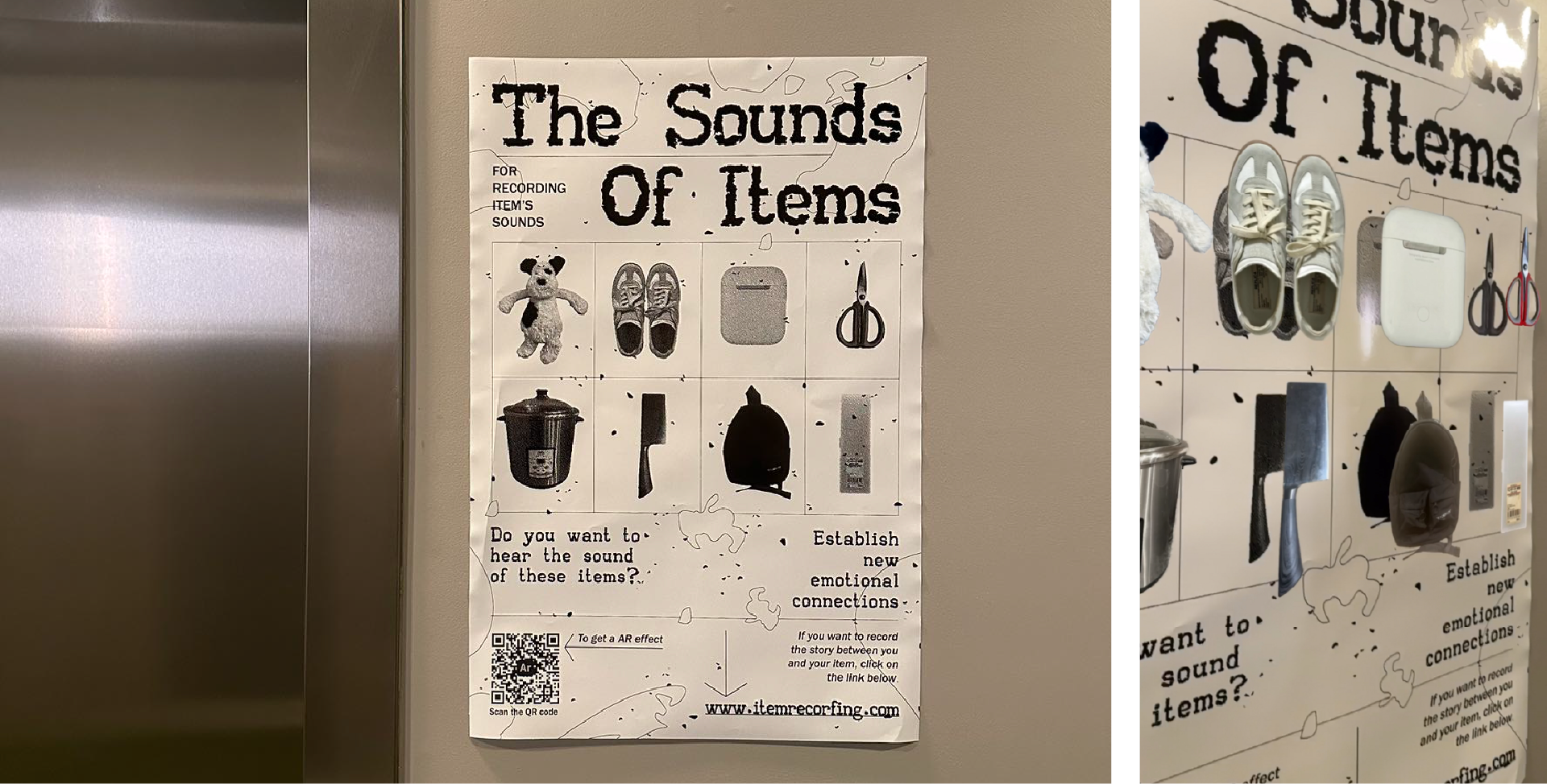 Poster mounted beside an elevator, and close-up of it printed at full scale on the wall
