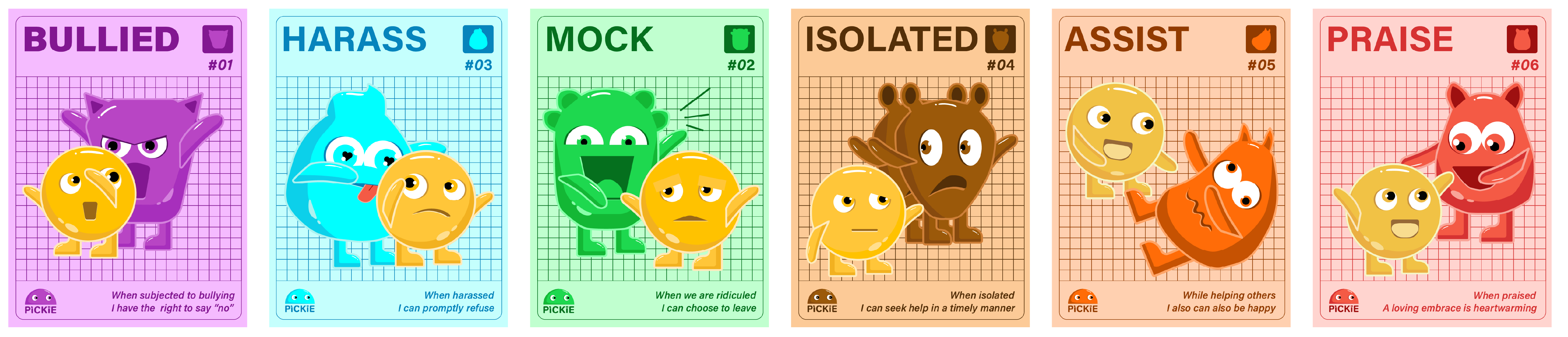 Scene cards — Bullied, Harass, Mock, Isolated, Assist, Praise
