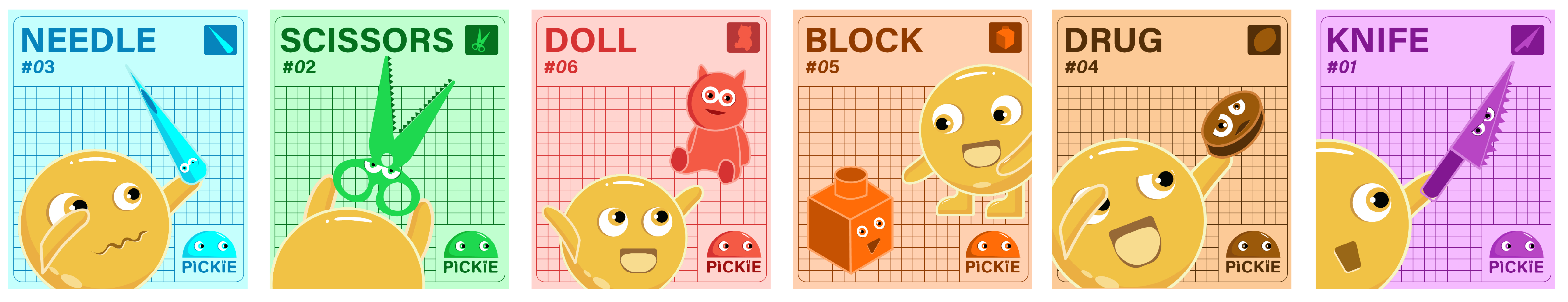 Item cards — Needle, Scissors, Doll, Block, Drug, Knife