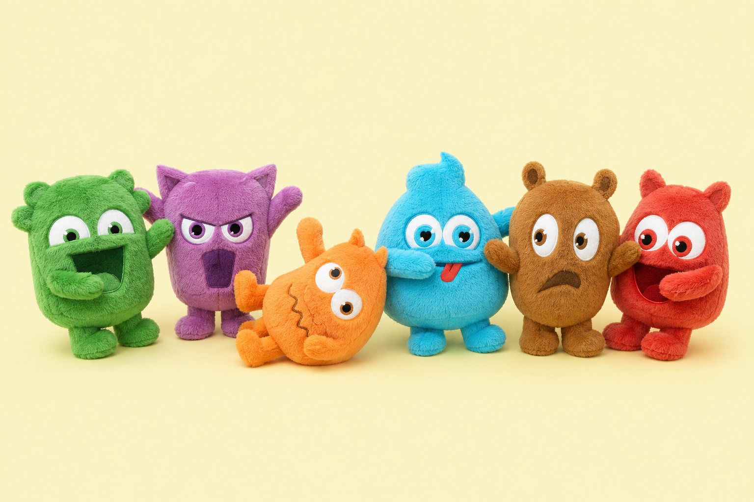 Full plush monster family lineup in the brand's signature colors