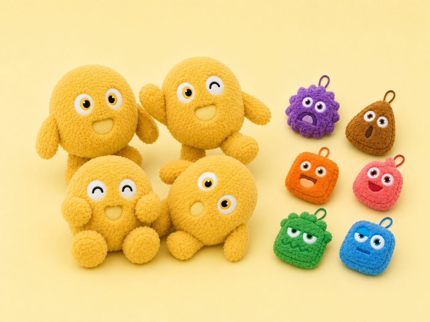Pickie plush toy family and mini keychain pouches in the brand's signature colors