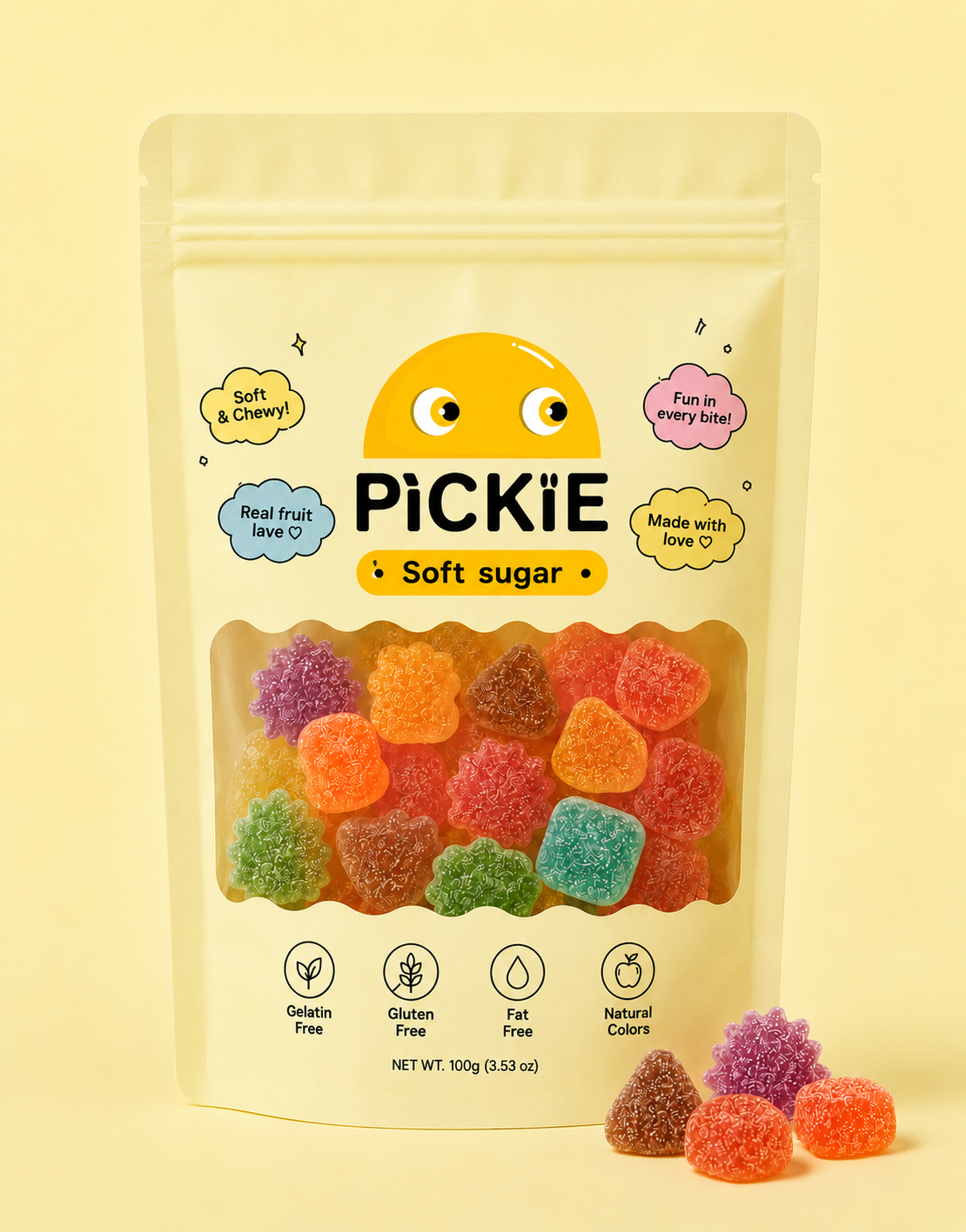 Pickie soft-sugar snack pouch packaging with mascot and colorful candy