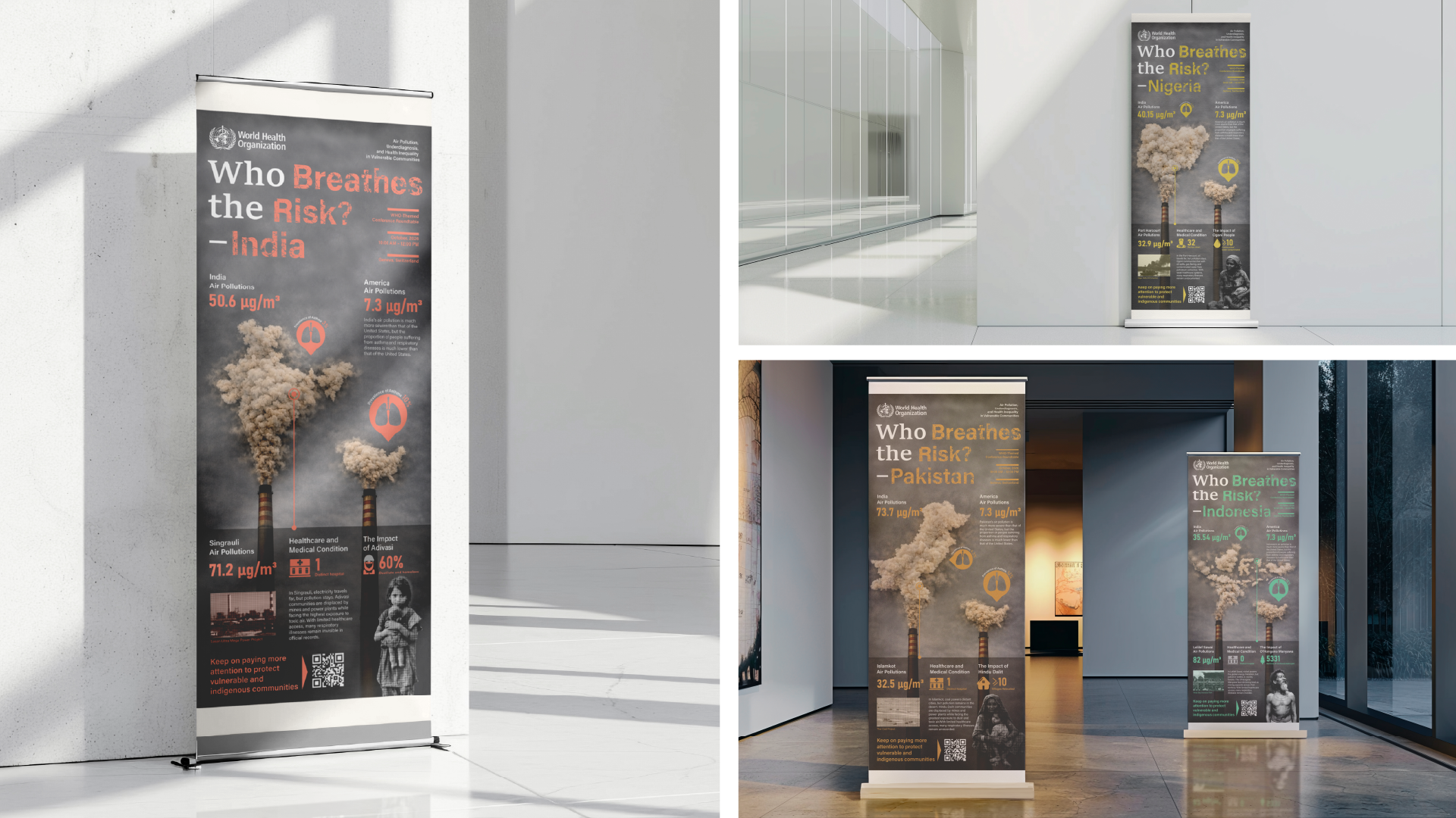 Roll-up banner mockups in gallery and institutional interiors