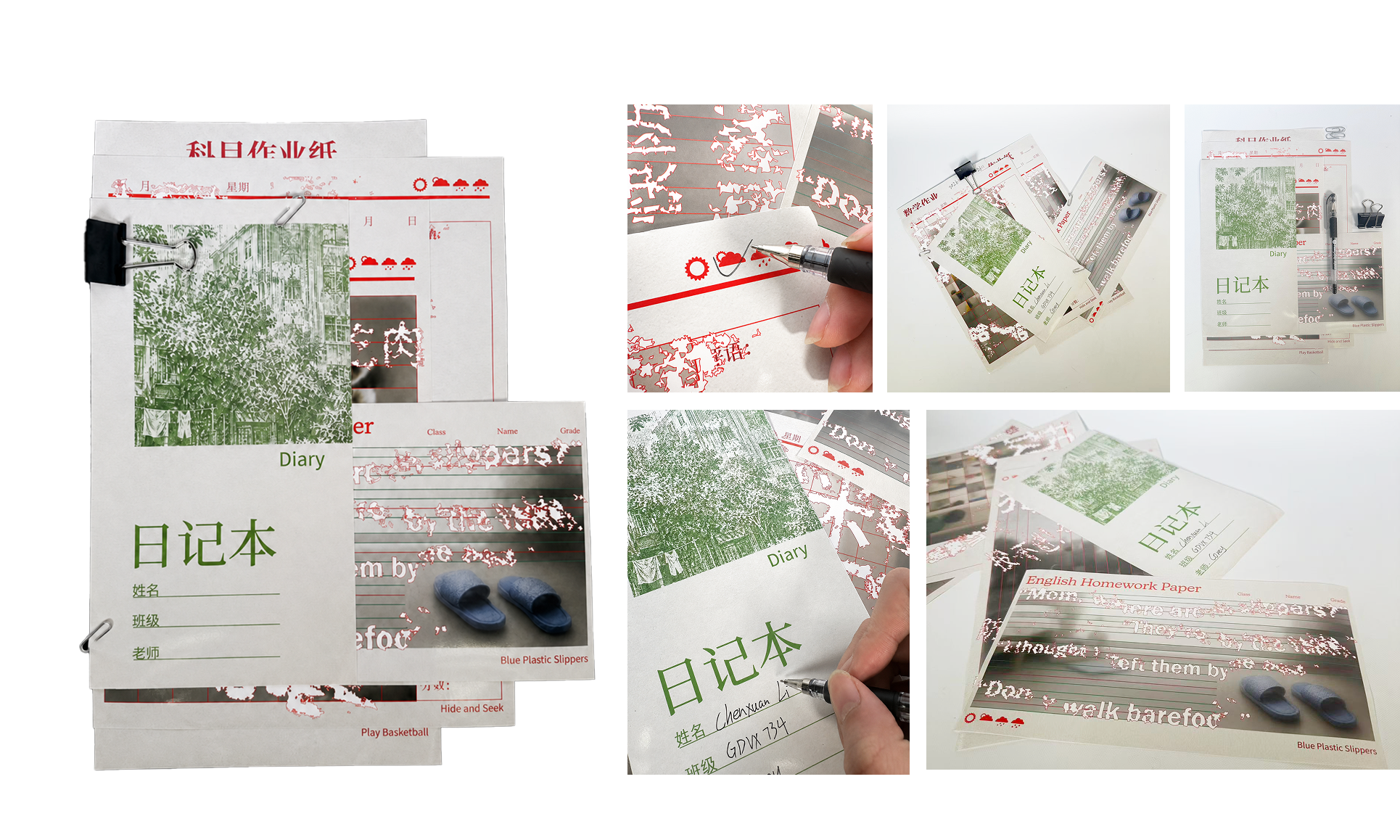 Booklet — bound diary and homework-paper spreads