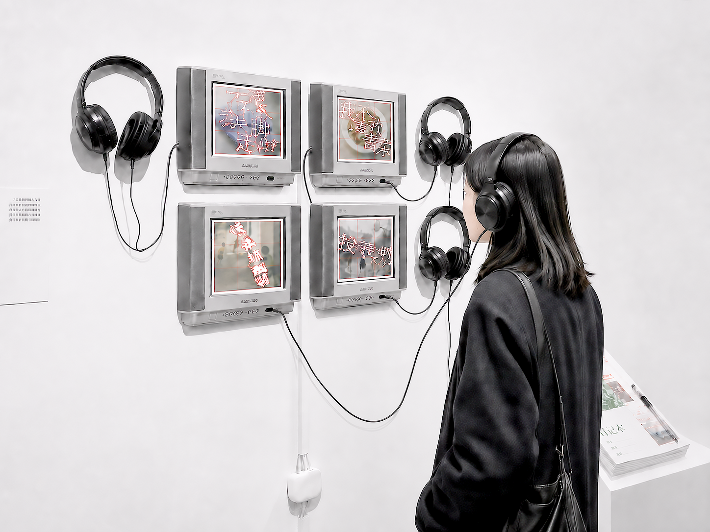 Exhibition — visitor viewing the four-screen installation